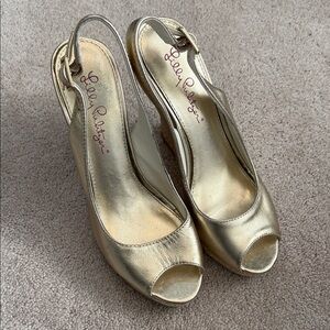Lilly Pulitzer Metallic Gold Slingback Wedge Heels-6.5